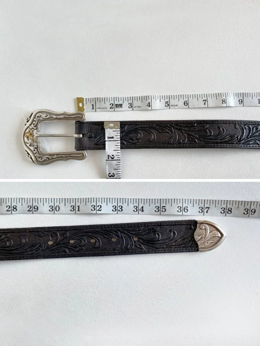 Vintage Tony Lama Tooled & Stamped Leather Bronco Western Belt 32